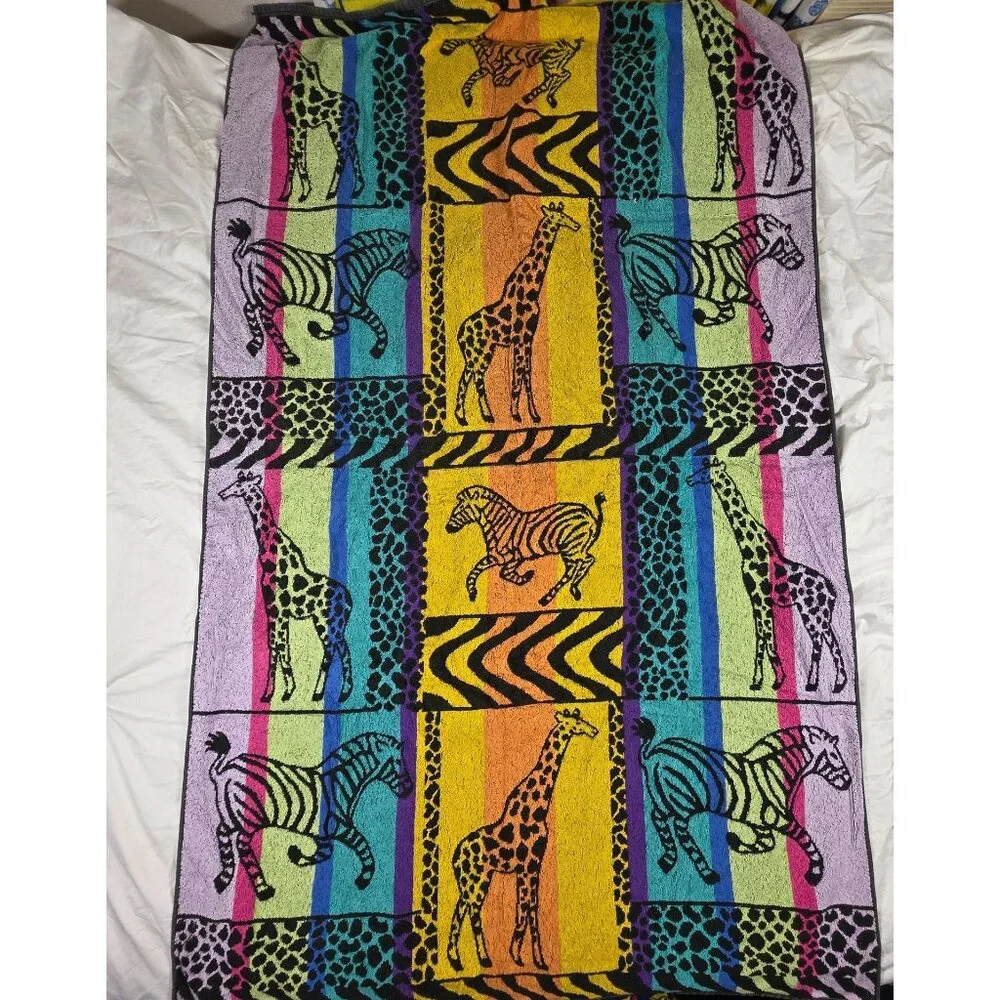 Vintage Summer Stock Cotton Beach Towel Giraffe Zebra Print Multi Color